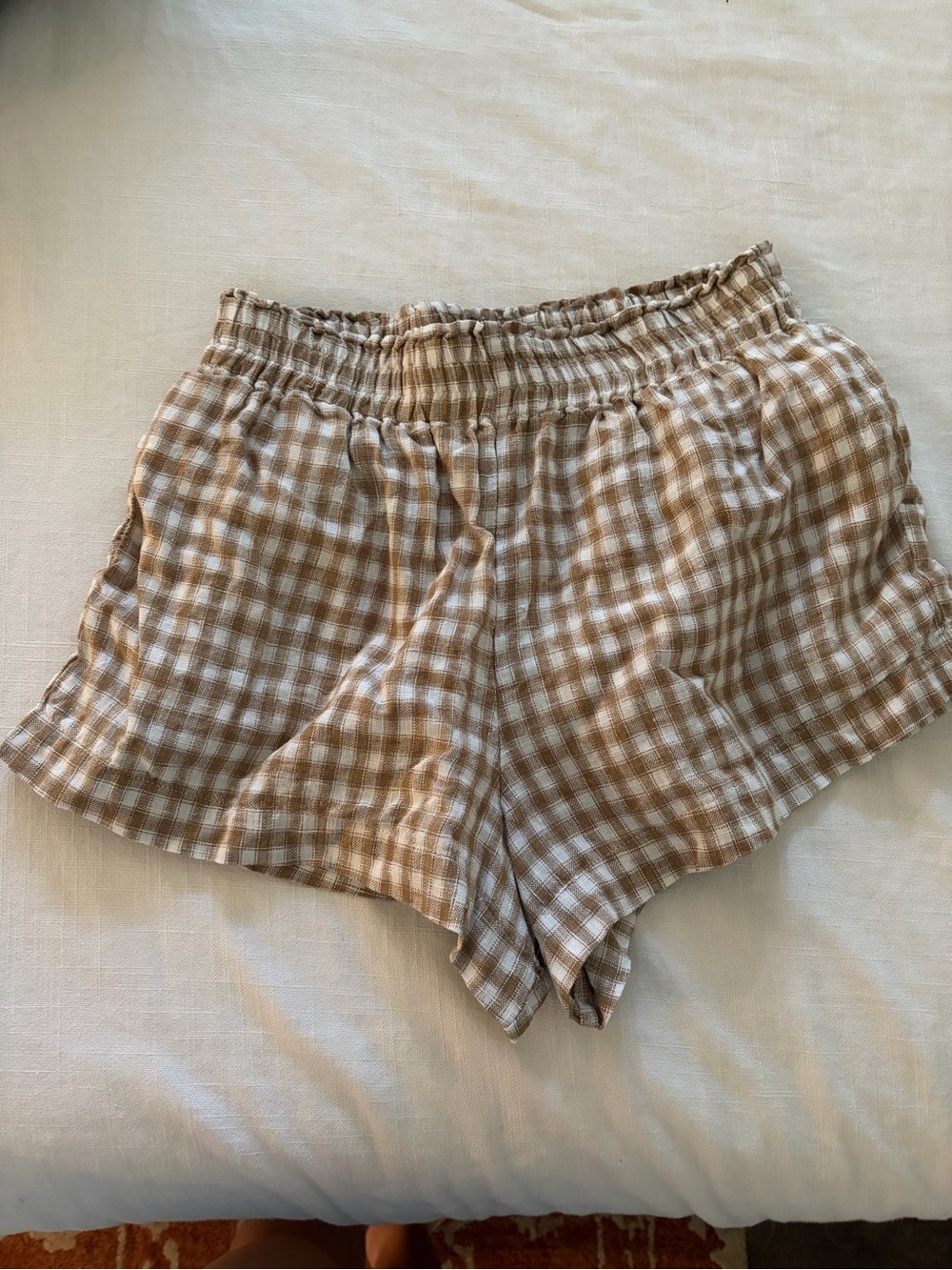 reformation Tan Gingham Elastic Waist Shorts